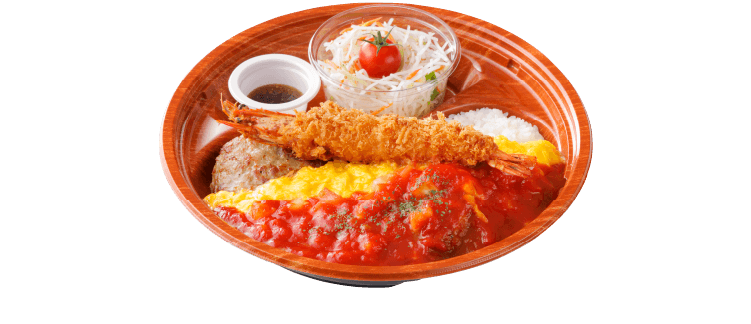 角切りトマトとびっくりエビフライのオムバーグディッシュ
